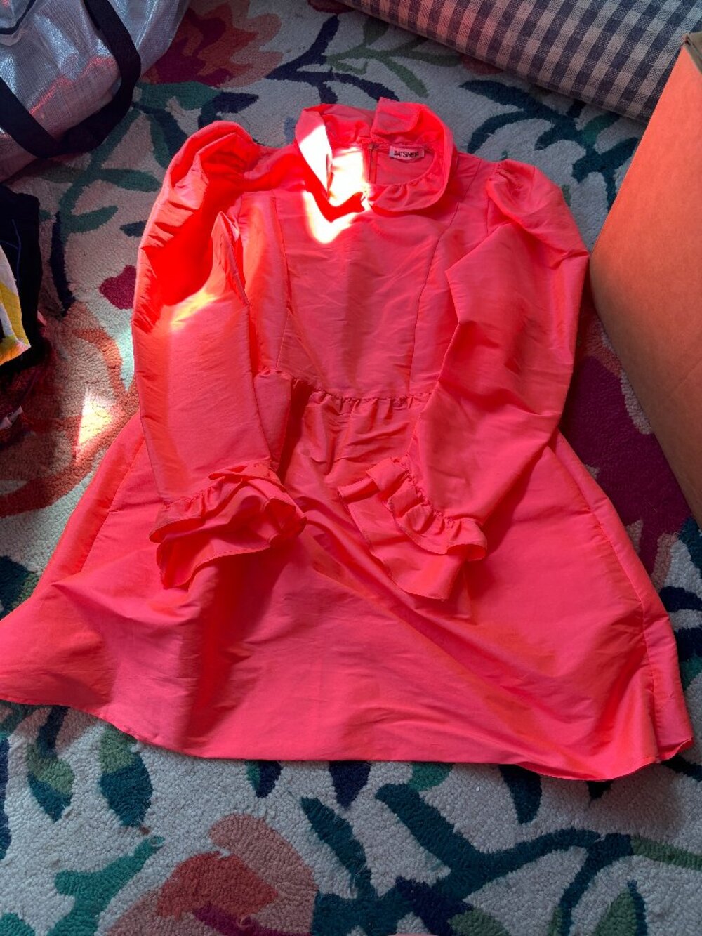 Batsheva Neon Coral Silk Ruffle Mini Dress in Size 8